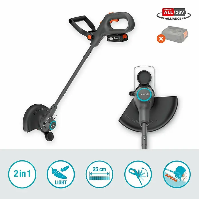 Gardena Power for All 18V Akku-Rasentrimmer EasyTrim 25/18V - 18 V, Li-Ionen, Ohne Akku, Schnittbreite Faden: 25 cm - Bild eines Gardena Akku-Trimmers mit detaillierten Produktmerkmalen, inklusive Akku und Schneidschutz.