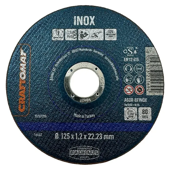 Craftomat Trennscheibe A6OR-BFINOX - Durchmesser Scheibe: 125 mm, Stärke Scheibe: 1,2 mm, 10 Stk. - Abbildung einer CRAFTOMAT INOX Trennscheibe mit einer Größe von 125 x 1,2 x 22,23 mm, ideal zum Trennen von Edelstahl.