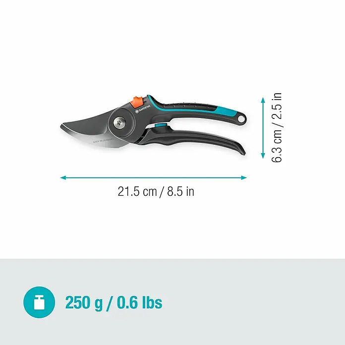 Gardena Gartenschere PremiumCut Pro - Bypass, Max. Aststärke: 24 mm - Abbildung einer Gardena Gartenschere mit Maßangaben zu Länge (21,5cm) und Höhe (6,3cm) und Gewichtsangabe (250g).