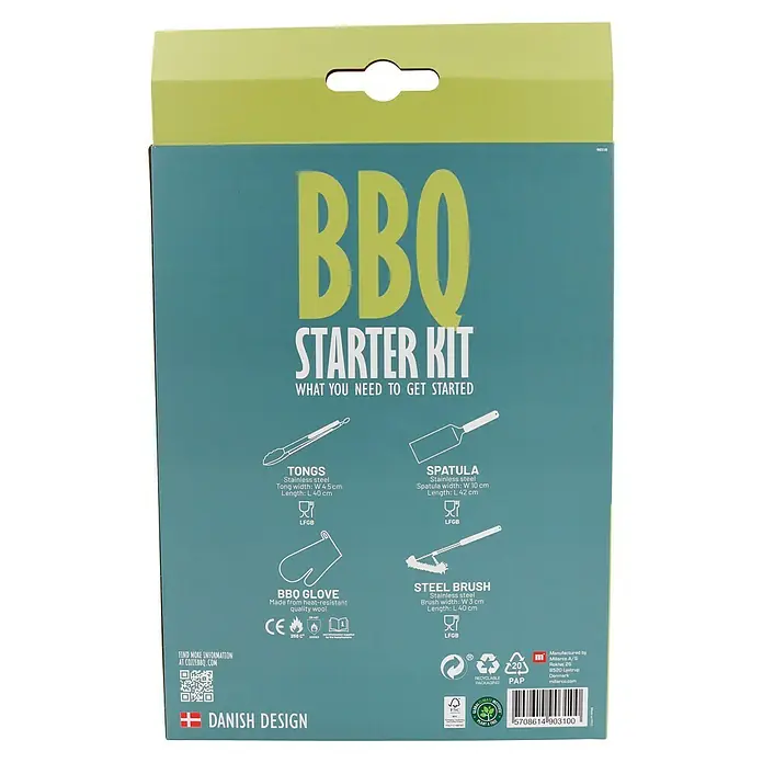 Cozze Grillzubehör-Set - 4 -tlg. - Abbildung eines BBQ-Starterkits mit Grillzange, Grillwender, Grillhandschuh und Grillbürste.
