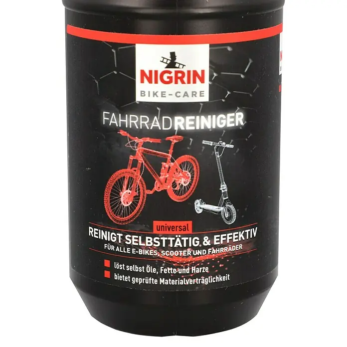 Nigrin Fahrradreiniger - Geeignet für: Fahrräder, 1 l - Abbildung einer Flasche Nigrin Fahrradreiniger, die für alle E-Bikes, Roller und Fahrräder geeignet ist.