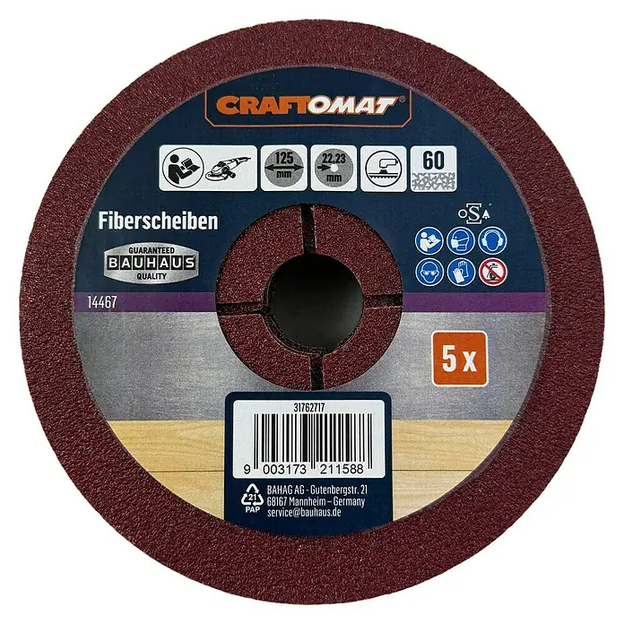 Craftomat Fiberscheiben - Durchmesser: 125 mm, Körnung: 60, 5 Stk. - Bild einer CRAFTOMAT® Fiberscheibe, ideal für Schleifarbeiten. Durchmesser 125mm, Körnung 60, 5 Stück im Set.