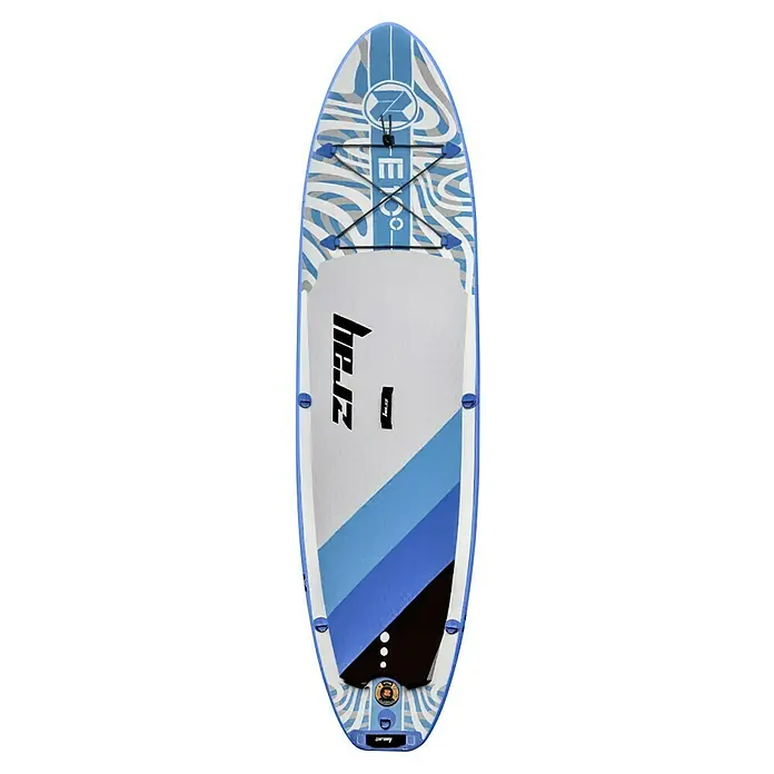 SUP-Board-Set ZRay E10 - L x B x H: 297 x 76 x 13 cm, Nutzlast: 110 kg, Aufblasbar - Nahaufnahme eines Z-Ray-Stand-Up-Paddleboards mit blau-weißem Design, das sich ideal für Outdoor-Wasserabenteuer eignet.