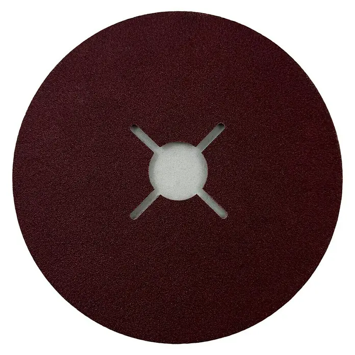 Craftomat Fiberscheiben - Durchmesser: 125 mm, Körnung: 100, 5 Stk. - Nahaufnahme einer Schleifscheibe mit einem X-förmigen Ausschnitt in der Mitte, ideal für Schleifarbeiten.