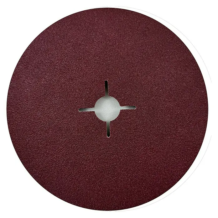 Craftomat Fiberscheiben - Durchmesser: 180 mm, Körnung: 60, 5 Stk. - Nahaufnahme einer Schleifscheibe in Burgunderrot mit zentralem Loch und Schlitz für präzise Schleifarbeiten.