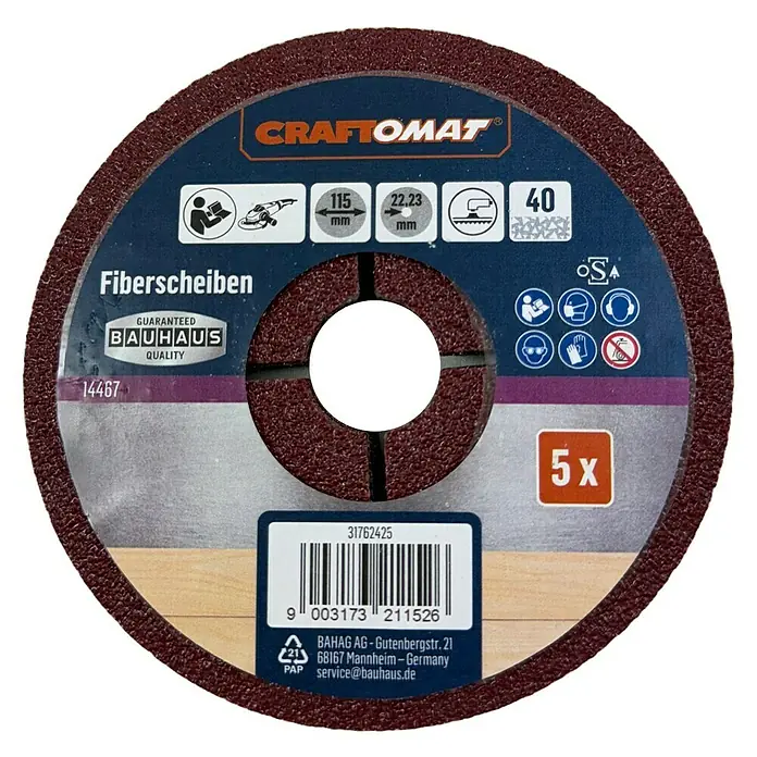 Craftomat Fiberscheiben - Durchmesser: 115 mm, Körnung: 40, 5 Stk. - Fiberscheiben Schleifscheibe von CRAFTOMAT, Durchmesser 115 mm, Körnung 40, im 5er-Pack, für Schleifarbeiten mit Winkelschleifern.
