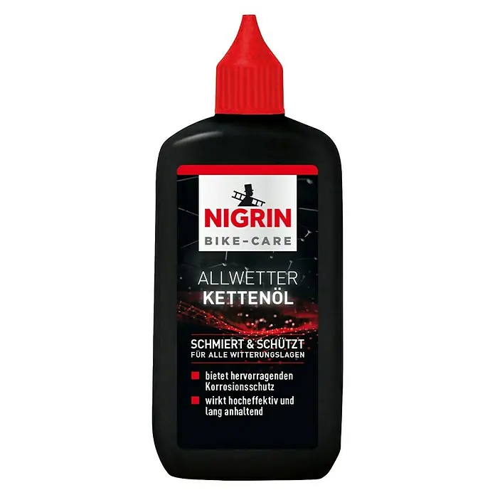 Nigrin Kettenöl Allwetter - 100 ml - Abbildung einer Flasche Nigrin Allwetter Kettenöl Bike-Care, die vor Korrosion schützt und eine lang anhaltende, hocheffektive Wirkung hat.