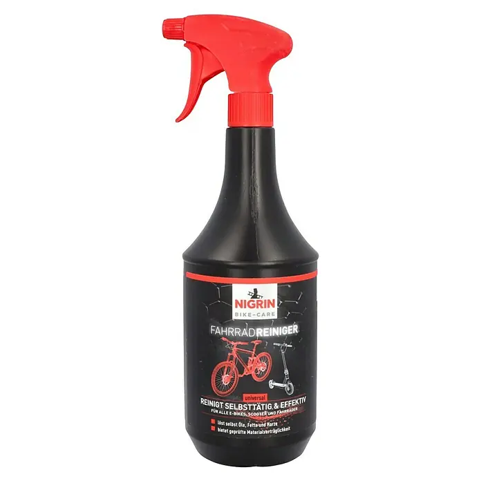 Nigrin Fahrradreiniger - Geeignet für: Fahrräder, 1 l - Bild einer Sprühflasche Nigrin Fahrradreiniger mit rotem Sprühkopf, ideal für die Pflege von Fahrrädern und E-Bikes.