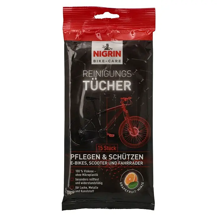 Nigrin Reinigungstücher - 15 Stk. - Nigrin Bike-Care Reinigungstücher für E-Bikes, Scooter und Fahrräder. Ideal zum Pflegen und Schützen mit Grapefruit-Minze Duft.