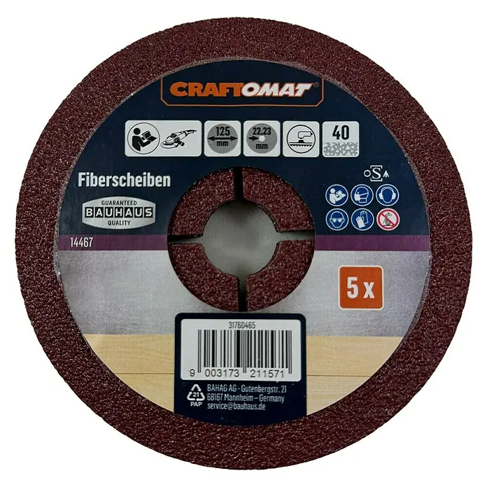 Craftomat Fiberscheiben - Durchmesser: 125 mm, Körnung: 40, 5 Stk. - Aufnahme einer Craftomat Fiberscheibe, Schleifscheibe mit Durchmesser 125mm und 40er Körnung, ideal für Schleifarbeiten.