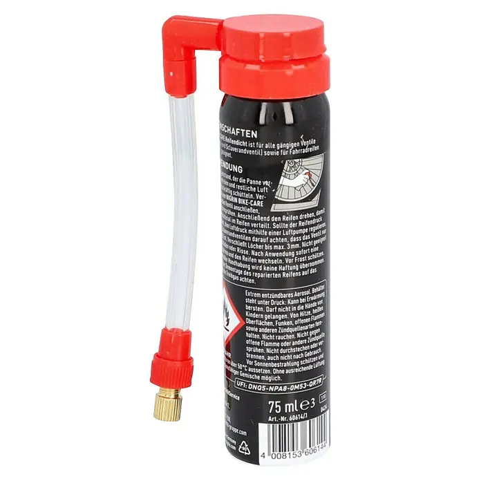 Nigrin Pannenspray - 75 ml - Das Nigrin Bike-Care Reifenpannenspray in Schwarz und Rot mit Schlauchanschluss, ideal zur schnellen Reifenreparatur unterwegs.