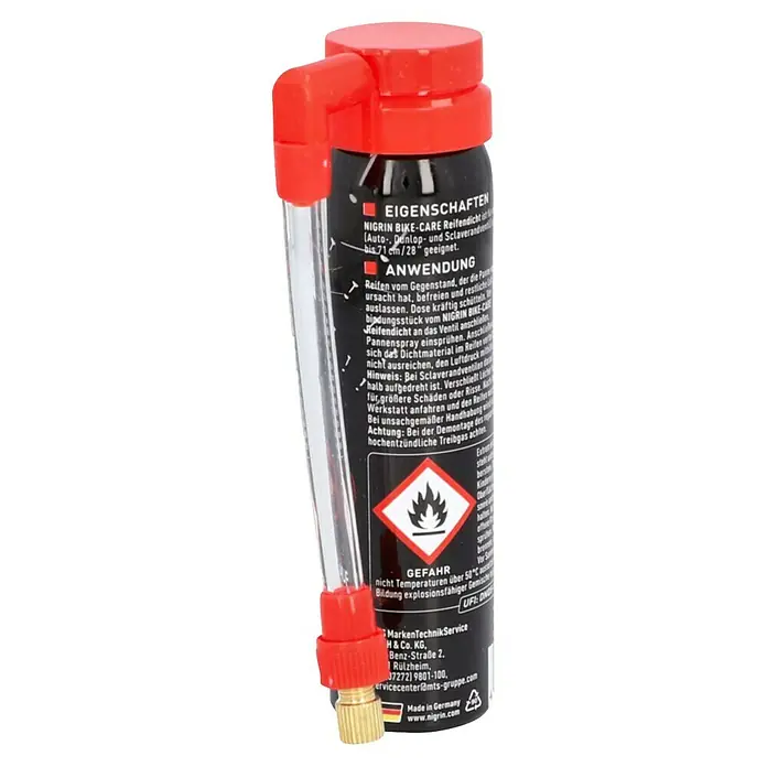 Nigrin Pannenspray - 75 ml - NIGRIN Bike-Care Reifendichtmittel mit roter Kappe und transparentem Schlauch. Für schnelle Reparaturen unterwegs.