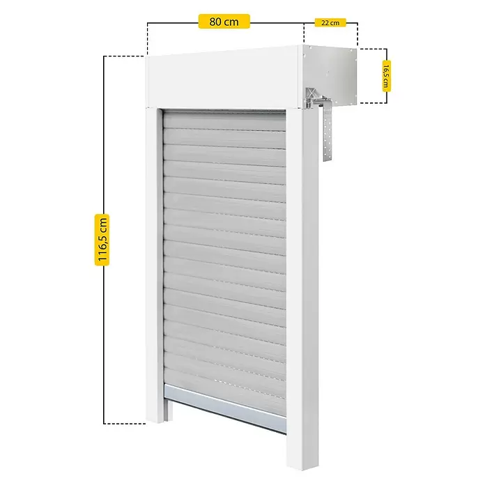 Schellenberg Rollladen-Komplett-Set MINI - Aufsatz, 80 x 100 cm - Weißer und grauer Rollladen mit sichtbaren Maßen: 80 cm Breite, 116,5 cm Höhe. Das Gehäuse ist 22x16,5 cm.