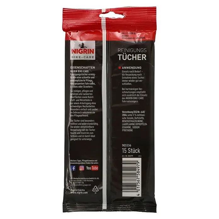 Nigrin Reinigungstücher - 15 Stk. - Bild einer Nigrin Bike-Care Reinigungstücher-Packung. Ideal für schnelle und unkomplizierte Fahrradpflege unterwegs.
