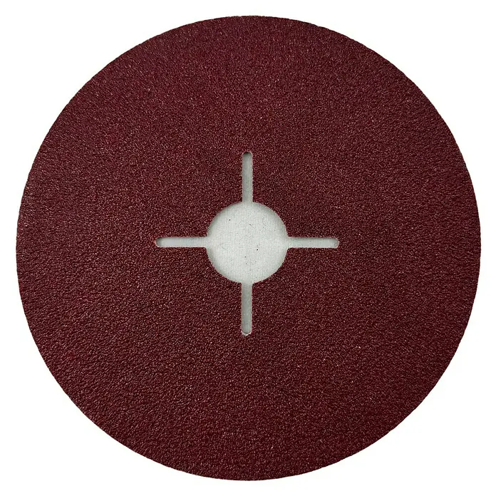 Craftomat Fiberscheiben - Durchmesser: 125 mm, Körnung: 60, 5 Stk. - Nahaufnahme eines roten Schleifpapiers mit einem Lochmuster in der Mitte, ideal für Schleifarbeiten.