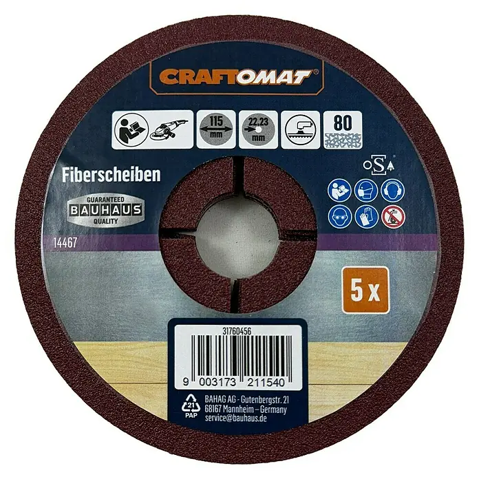 Craftomat Fiberscheiben - Durchmesser: 115 mm, Körnung: 80, 5 Stk. - Das Bild zeigt eine Craftomat Fiberscheibe mit einem Durchmesser von 115 mm und einer Körnung von 80, verpackt im 5er-Pack.