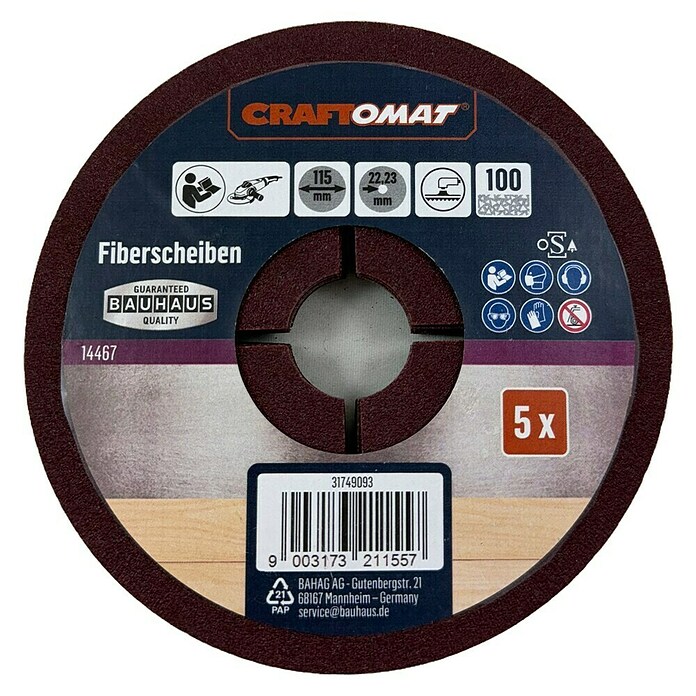 Craftomat Fiberscheiben (Durchmesser: 115 mm, Körnung: 100, 5 Stk.) | BAUHAUS