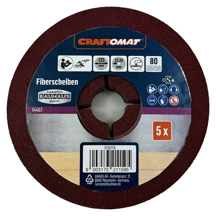 Craftomat Fiberscheiben (Durchmesser: 125 mm, Körnung: 80, 5 Stk.) | BAUHAUS