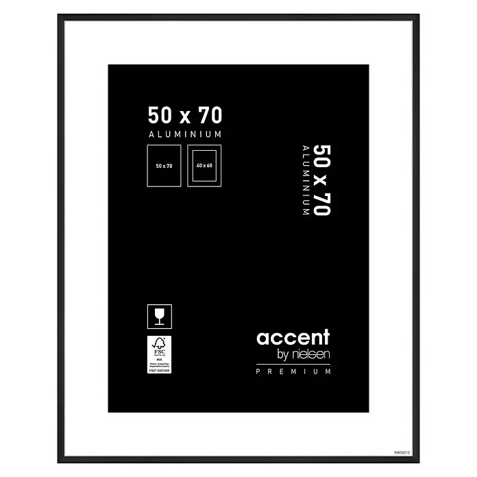 Accent Alurahmen Premium - 50 x 70 cm, Schwarz Matt - Schwarzer Aluminium-Bilderrahmen mit weißem Passepartout, 50x70 cm, von accent by nielsen PREMIUM.