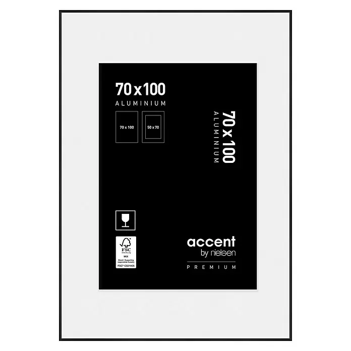 Accent Alurahmen Premium - 70 x 100 cm, Schwarz Matt - Schwarzer Aluminium-Bilderrahmen, 70x100 cm, mit weißem Passepartout.