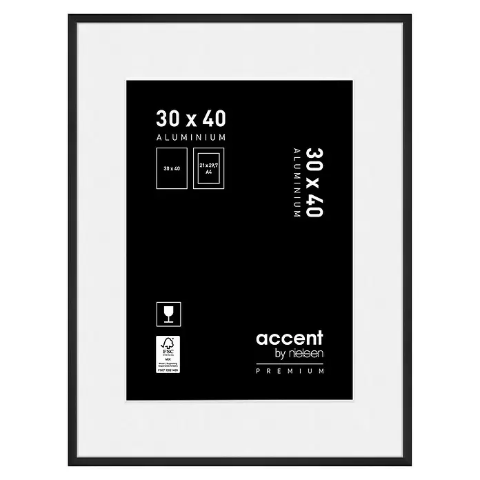 Accent Alurahmen Premium - 30 x 40 cm, Schwarz Matt - Schwarzer Aluminium-Bilderrahmen mit weißem Passepartout, 30 x 40 cm.