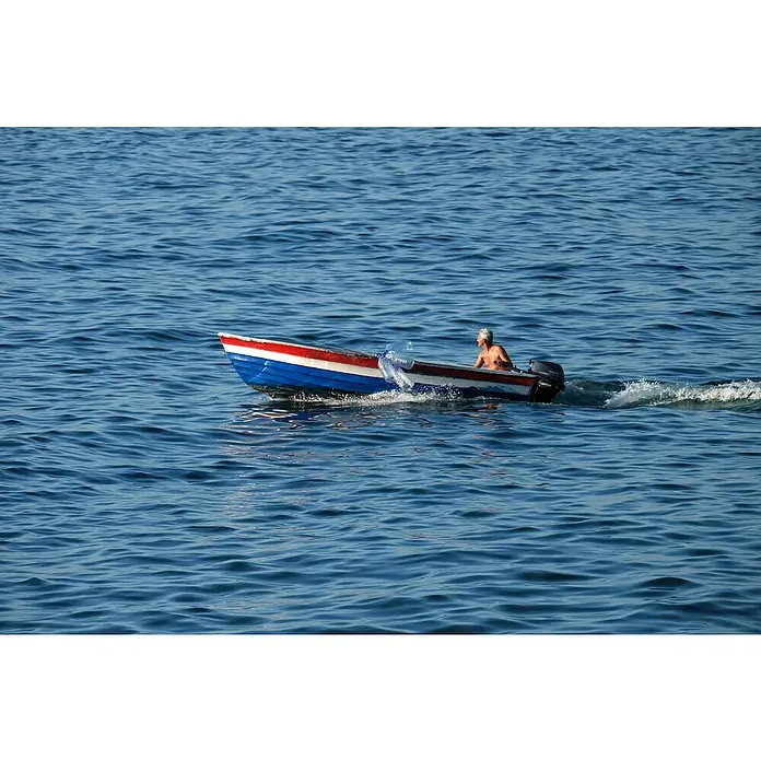 Elektropumpe - 12 V, Max. Fördermenge: 680 l/min - Ein blau-weiß-rotes Motorboot mit einer Person gleitet ruhig über das blaue, leicht bewegte Wasser und hinterlässt eine kleine Kielspur.