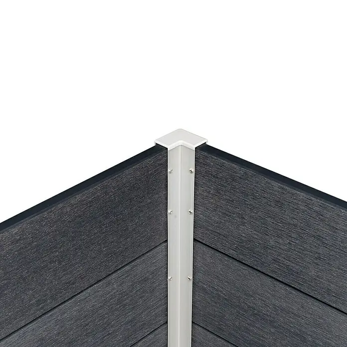 Hochbeet WPC - 160 x 75 x 70 cm, Verbundwerkstoff, Anthrazit - Eckdetail einer modernen grauen WPC-Terrassendiele mit weißer Eckverbindung und Schrauben, ideal für stilvolle Außenbereiche.