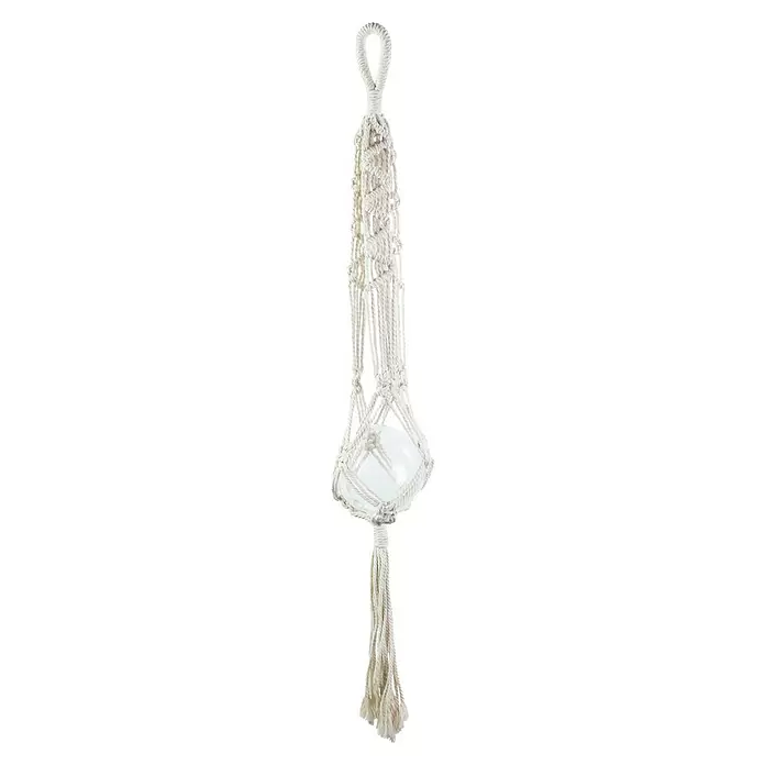 Blumenampel Makramee - Beige - Weißer Makramee-Blumenampel mit dekorativer Knotung, hält einen klaren Glasübertopf, mit Aufhängeschlaufe und Quastenabschluss.