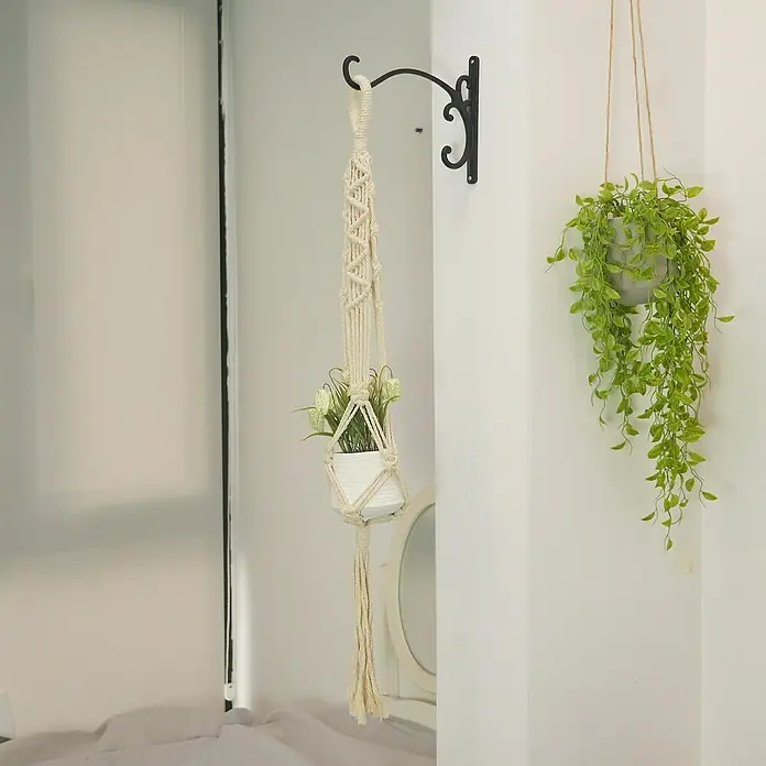 Blumenampel Makramee - Beige - Nahaufnahme einer Zimmerpflanze in einem Makramee-Pflanzenhänger, der an einem dekorativen, schwarzen Wandhaken hängt.