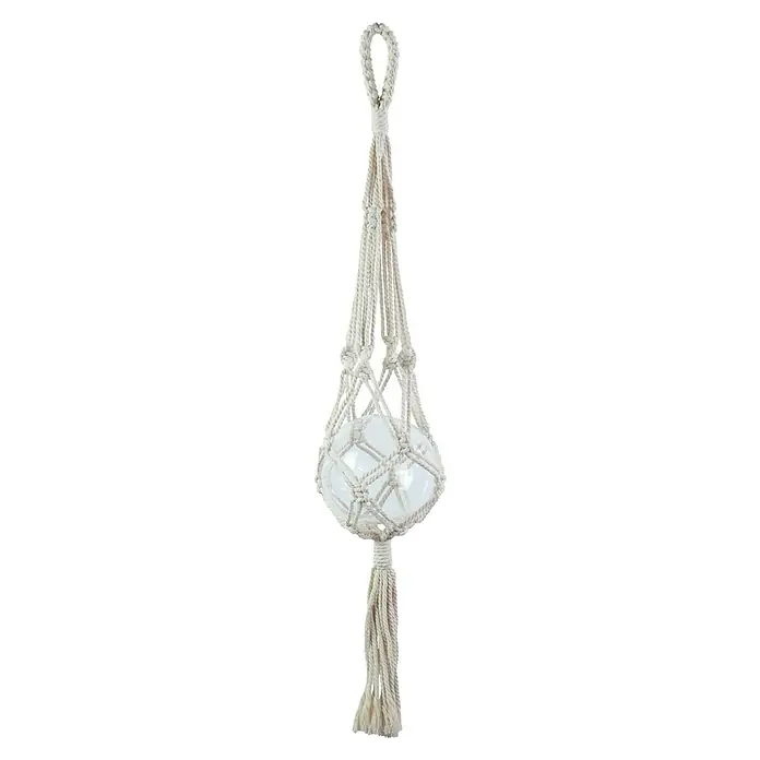 Blumenampel Makramee - Ø x H: 4 x 85 cm, Beige - Nahaufnahme eines Makramee-Pflanzenaufhängers mit einer runden Glasschale, ein stilvolles Wohnaccessoire für Zimmerpflanzen.