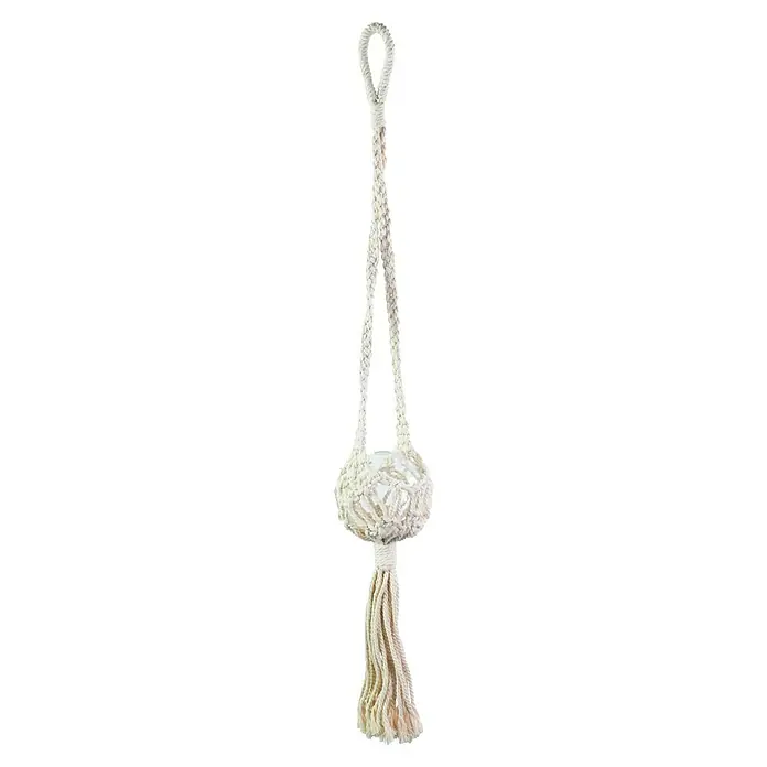Blumenampel Makramee - Ø x H: 4 x 85 cm, Beige - Detailaufnahme einer weißen Quaste mit Schlaufe und dekorativem Kopfstück, ideal für stilvolle Dekorationen.