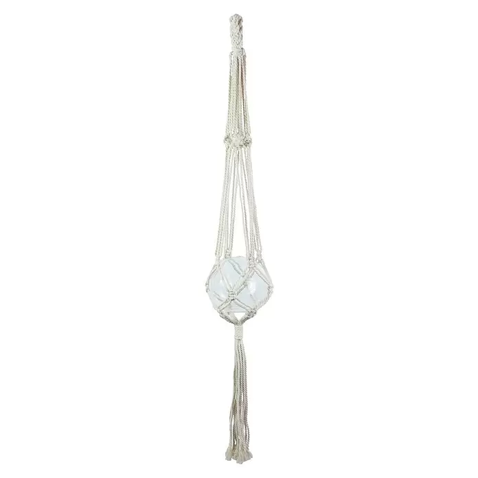 Blumenampel Makramee - Ø x H: 4 x 105 cm, Beige - Cremefarbener Makramee-Pflanzenhänger aus geflochtenen Seilen mit einer transparenten Glasschale.