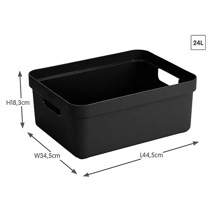 Sunware Aufbewahrungsbox Sigma Home - L x B x H: 44,5 x 34,5 x 18,3 cm, Kunststoff, Schwarz - Produktabbildung einer schwarzen Aufbewahrungsbox mit den Maßen H18,3cm, B34,5cm, L44,5cm und einem Fassungsvermögen von 24L.