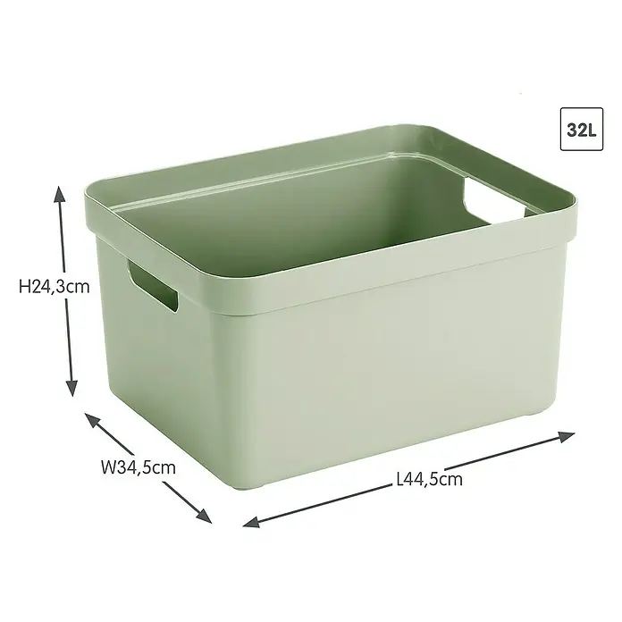 Sunware Aufbewahrungsbox Sigma Home - L x B x H: 44,5 x 34,5 x 24,3 cm, Kunststoff, Hellgrün - Ein grüner 32L Aufbewahrungsbehälter aus Kunststoff mit Griffen und den Maßen H24,3cm, B34,5cm und L44,5cm.