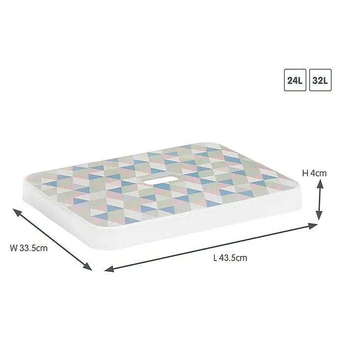 Sunware Deckel Sigma Home - Passend für: Sigma Home Aufbewahrungsbox 24 l/32 l, Kunststoff, Mehrfarbig - Das Bild zeigt einen weißen Tritthocker mit geometrischem Muster und Maßangaben. Praktisch und platzsparend.
