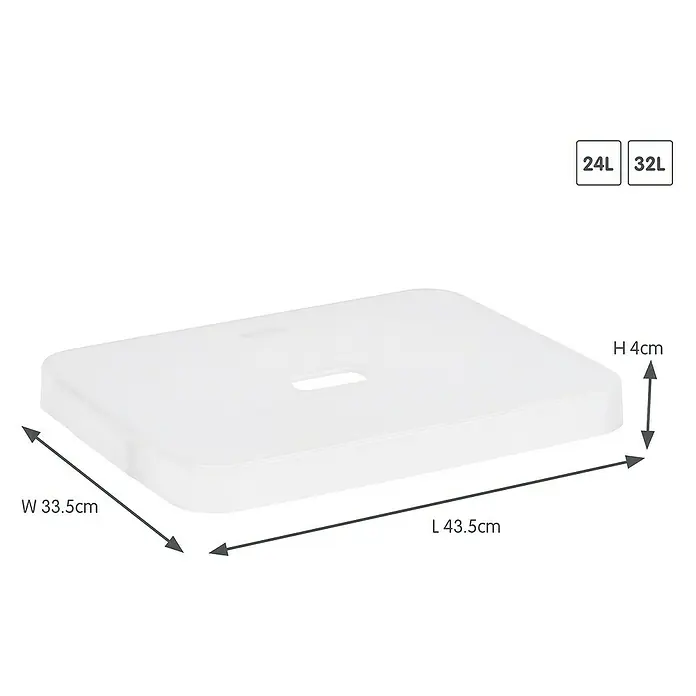 Sunware Deckel Sigma Home - Passend für: Sigma Home Aufbewahrungsbox 24 l/32 l, Kunststoff, Transparent - Das Bild zeigt einen weißen Deckel mit den Maßen 43,5 cm Länge, 33,5 cm Breite und 4 cm Höhe. Erhältlich in 24L und 32L.
