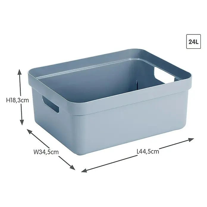 Sunware Aufbewahrungsbox Sigma Home - L x B x H: 44,5 x 34,5 x 18,3 cm, Kunststoff, Blaugrau - Ein blauer 24L Aufbewahrungsbehälter aus Kunststoff, ideal für die Organisation verschiedener Gegenstände im Haus. Die Abmessungen sind angegeben.