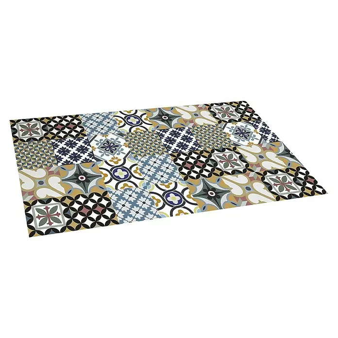 Alfombra de vinilo Croma hidraúlico - Multicolor, 150 x 80 cm - Alfombra de baldosas patchwork vibrante con un patrón llamativo, perfecta para añadir estilo a los suelos interiores. Muestra un diseño colorido.