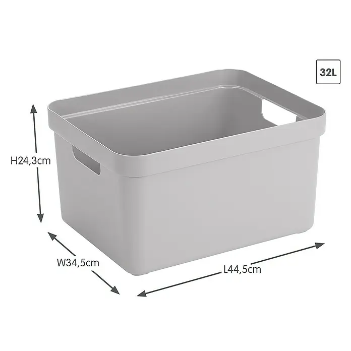 Sunware Aufbewahrungsbox Sigma Home - L x B x H: 44,5 x 34,5 x 24,3 cm, Kunststoff, Hellgrau - Produktabbildung einer grauen Aufbewahrungsbox mit den Maßen H24,3cm x B34,5cm x L44,5cm und einem Fassungsvermögen von 32 Litern.