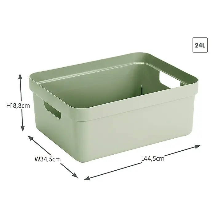 Sunware Aufbewahrungsbox Sigma Home - L x B x H: 44,5 x 34,5 x 18,3 cm, Kunststoff, Hellgrün - Abbildung einer olivgrünen 24L Aufbewahrungsbox mit den Maßen H18,3cm x B34,5cm x L44,5cm.
