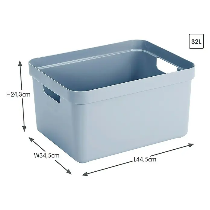 Sunware Aufbewahrungsbox Sigma Home - L x B x H: 44,5 x 34,5 x 24,3 cm, Kunststoff, Blaugrau - Eine blaue 32L Aufbewahrungsbox aus Kunststoff mit Maßangaben für Höhe, Breite und Länge.