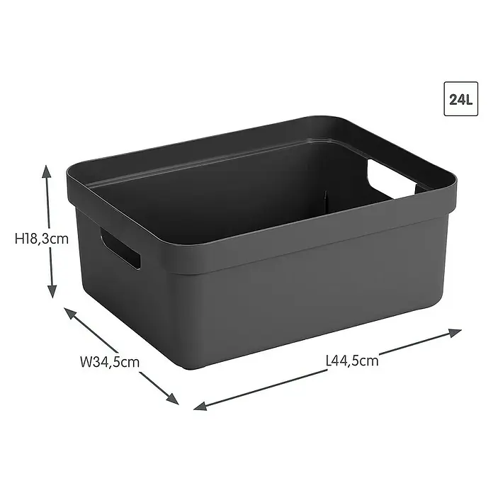 Sunware Aufbewahrungsbox Sigma Home - L x B x H: 44,5 x 34,5 x 18,3 cm, Kunststoff, Anthrazit - Produktbild einer anthrazitgrauen, rechteckigen Aufbewahrungsbox aus Kunststoff mit den Maßen H18,3cm, B34,5cm, L44,5cm und einem Fassungsvermögen von 24L.