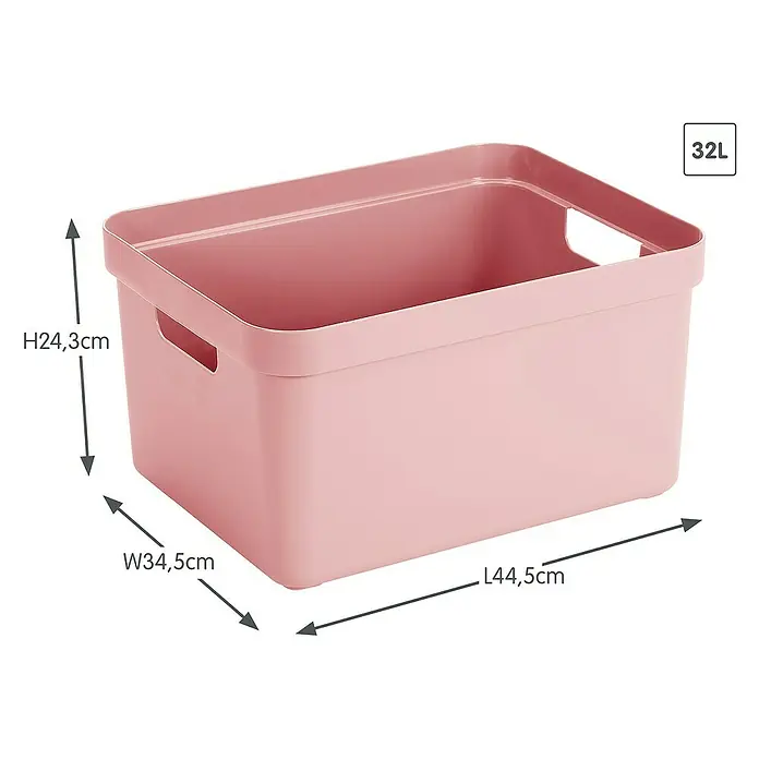 Sunware Aufbewahrungsbox Sigma Home - L x B x H: 44,5 x 34,5 x 24,3 cm, Kunststoff, Rosa - Abbildung eines rosa 32L Aufbewahrungsbehälters mit den Maßen H24,3cm x B34,5cm x L44,5cm.