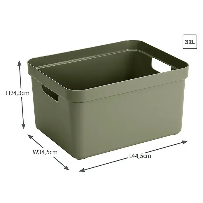 Sunware Aufbewahrungsbox Sigma Home - L x B x H: 44,5 x 34,5 x 24,3 cm, Kunststoff, Dunkelgrün - Abbildung eines olivgrünen Aufbewahrungsbehälters aus Kunststoff mit den Maßen 44,5 x 34,5 x 24,3 cm und einem Fassungsvermögen von 32 Litern.