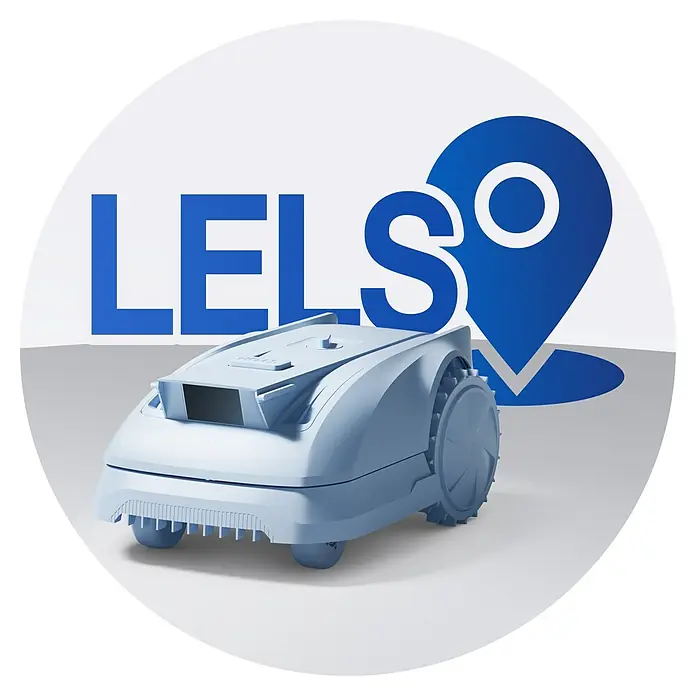 Ecovacs Goat Mähroboter O800 RTK - 800 m², Schnittbreite: 22 cm, Satellitengestützte Navigation, RTK - Abbildung eines blauen LELSO-Mähroboters mit Standortsymbol, der für effizientes und intelligentes Rasenmähen steht.