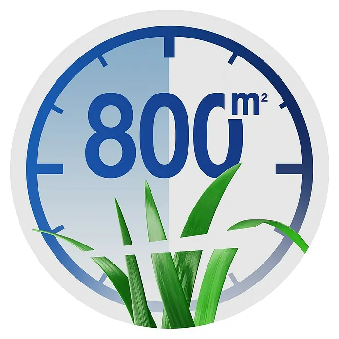 Ecovacs Goat Mähroboter O800 RTK - 800 m², Schnittbreite: 22 cm, Satellitengestützte Navigation, RTK - Kreisförmiges Symbol mit Rasenfläche und der Aufschrift "800 m²", das die Flächenabdeckung eines Produkts darstellt.