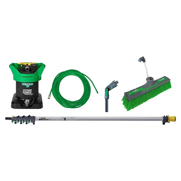Unger HydroPower Ultra Reinigungs-Set DI Einsteigerset Alu - 6 -tlg. - Verschiedene Unger Reinigungsgeräte, inklusive Wasserfilter, Schlauch, Winkelstück, Bürste und Teleskopstiel.