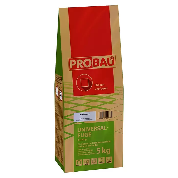 Probau Universalfuge - Manhattan, 5 kg - PROBAU Universalfuge, Sorte 'manhattan 5', 5 kg Beutel in rot-beige-grüner Verpackung für Fliesen und Natursteinplatten innen und außen.