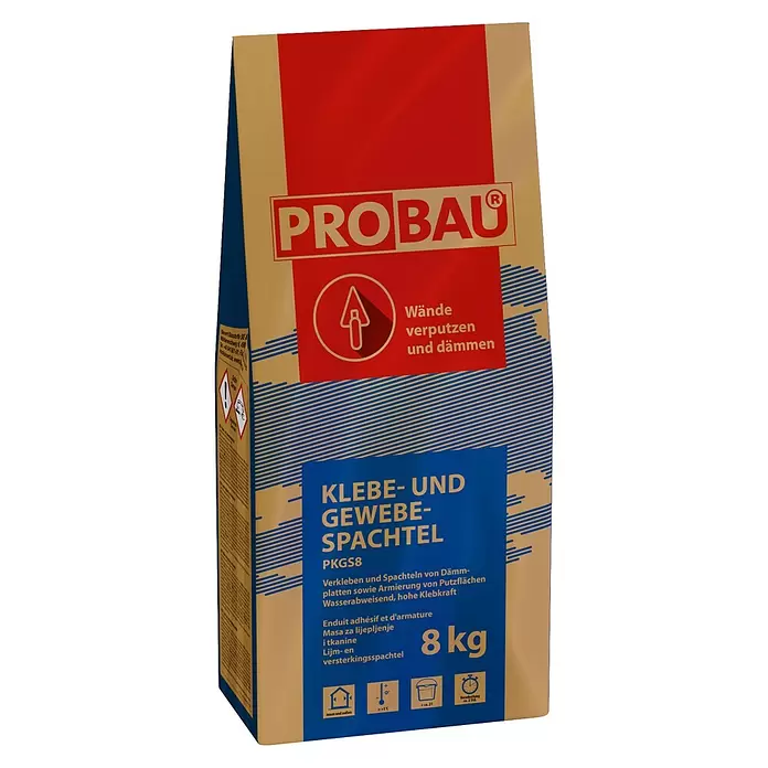 Probau Klebe- & Gewebespachtel - 8 kg - 8 kg Probau Klebe- und Gewebe-Spachtel in beiger, roter und blauer Verpackung für Wände und Dämmung.