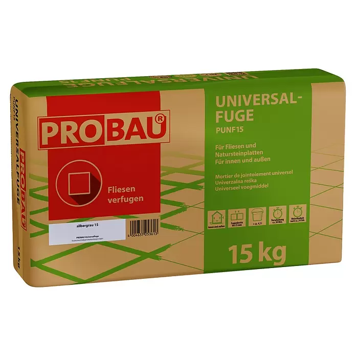 Probau Universalfuge - Silbergrau, 15 kg - PROBAU Universal-Fuge, 15 kg Sack, silbergrau. Fugenmörtel für Fliesen und Naturstein, innen und außen.